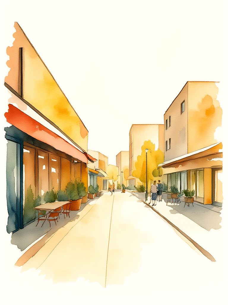 Illustration of a street scene with buildings, tables, and people.