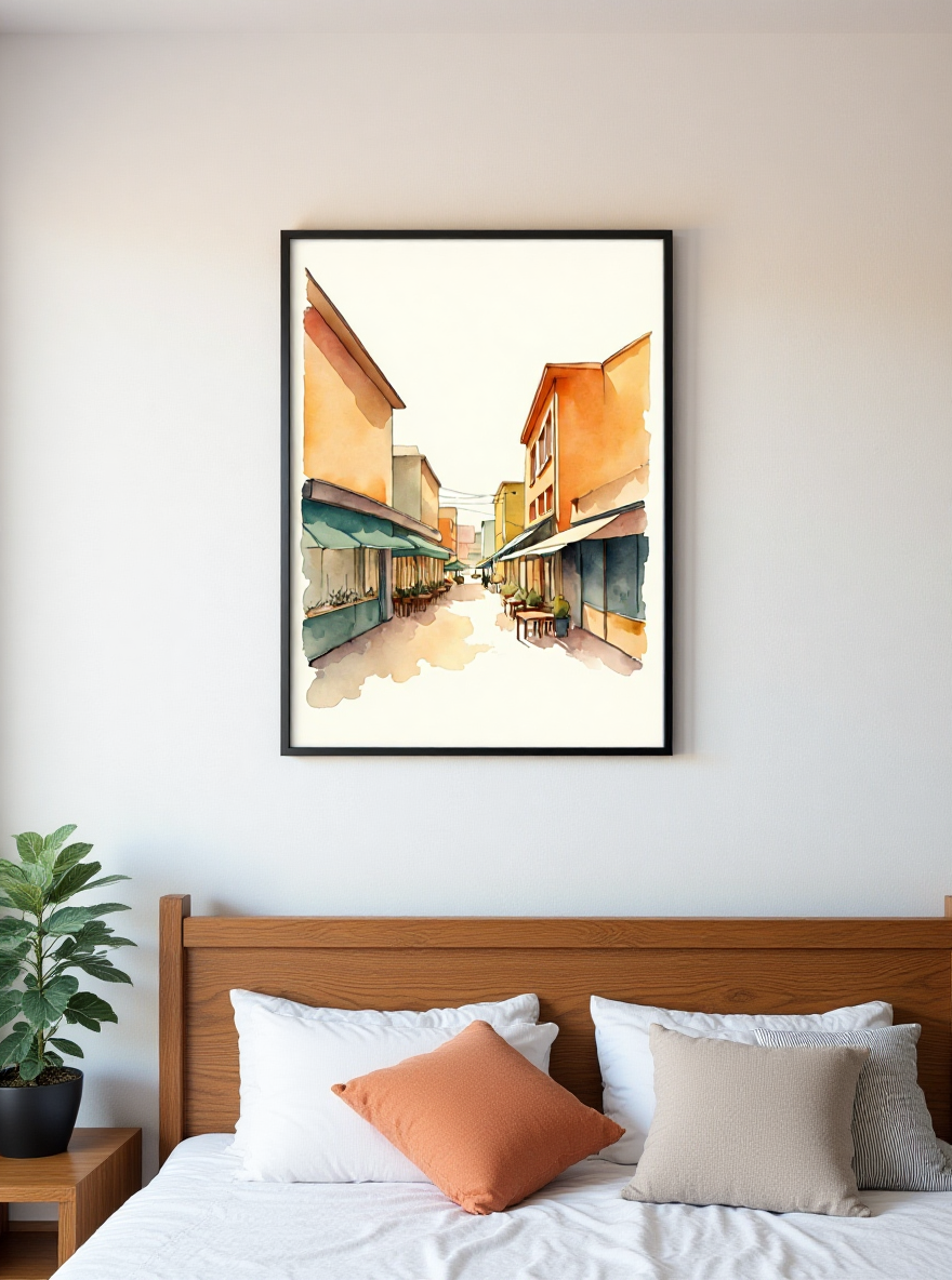 Framed artwork above a bed in a bedroom setting