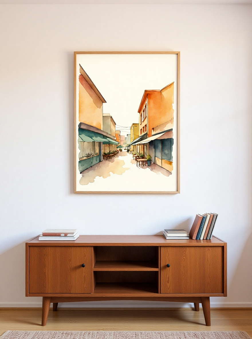 Framed artwork of a street scene above a wooden cabinet with books on a light-colored wall.