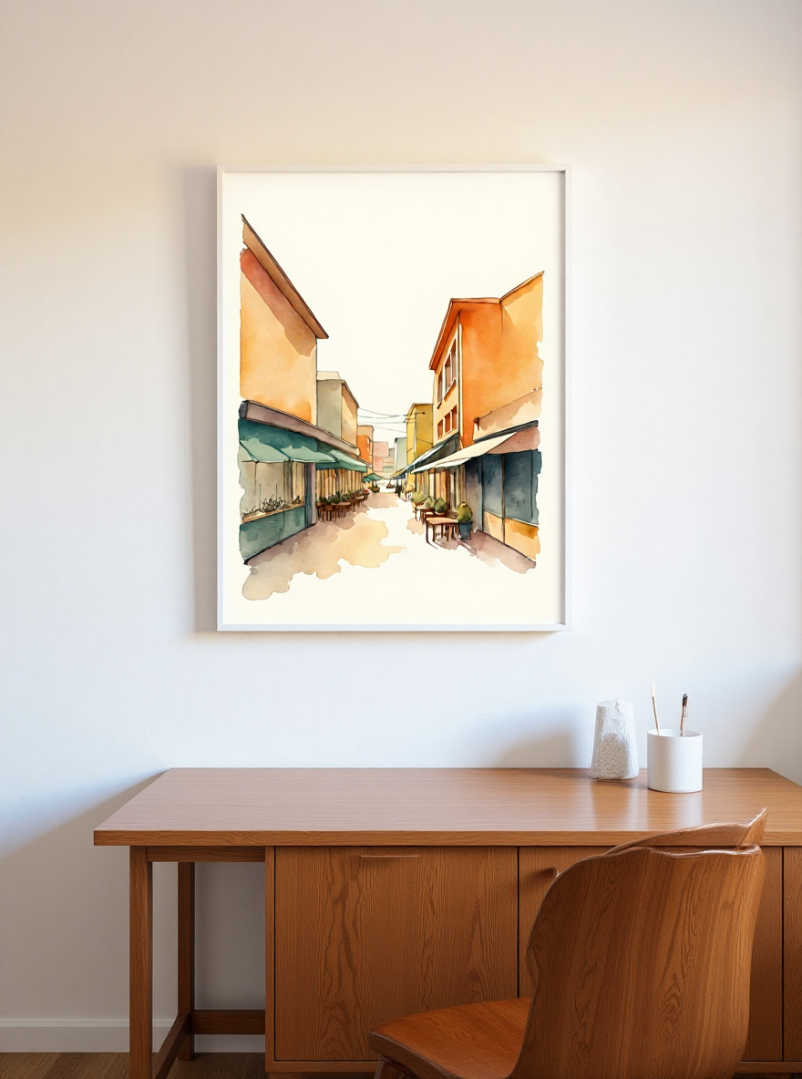 Framed artwork of a street scene on a wall above a wooden desk.