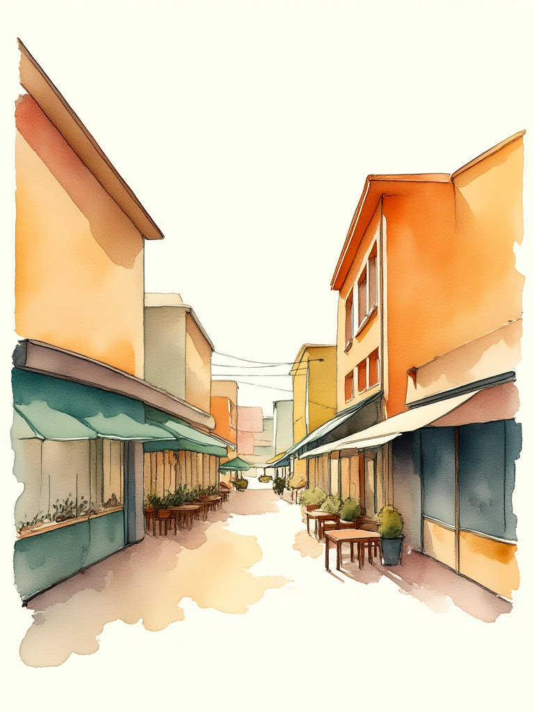 Colorful street scene with shops and outdoor seating