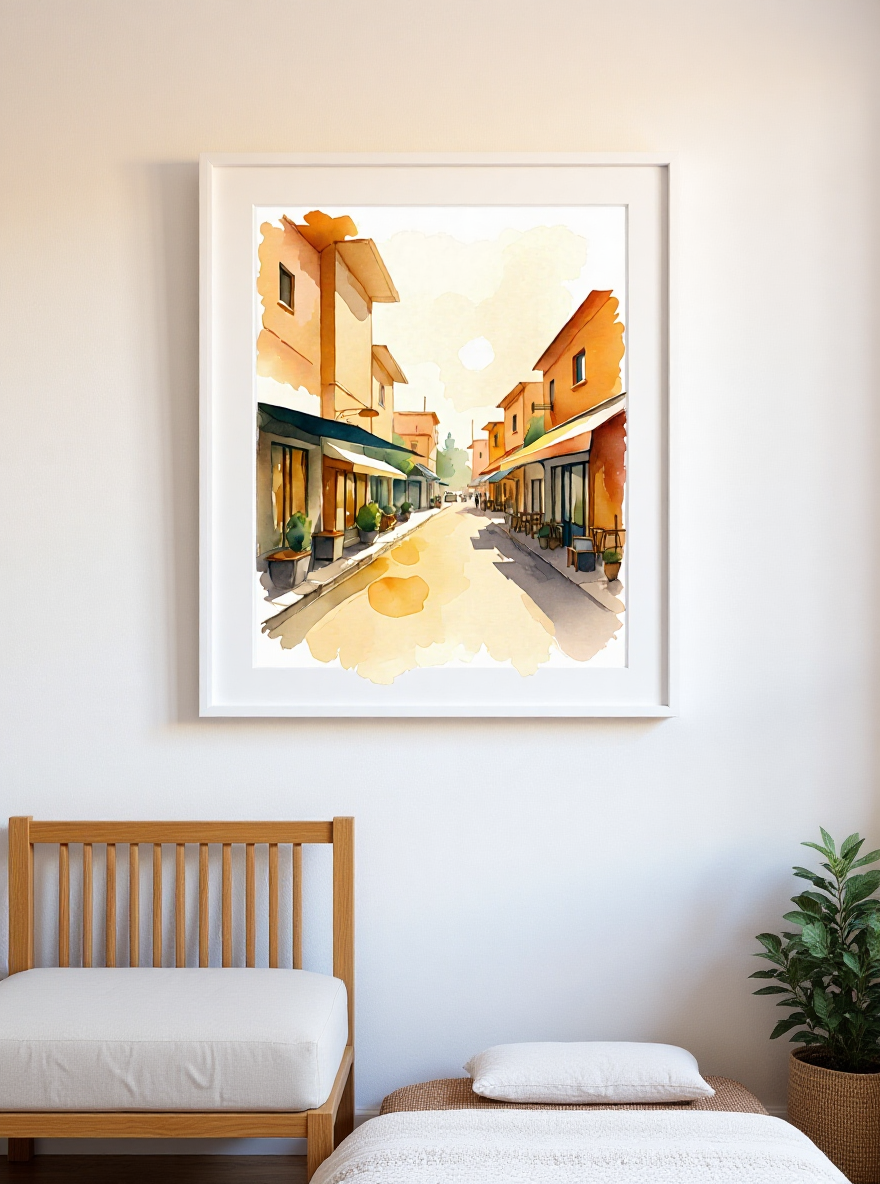 Framed artwork of a street scene on a wall above a bed