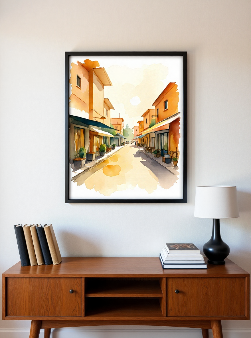 Framed artwork of a street scene on a wall above a wooden side table with a lamp and books.
