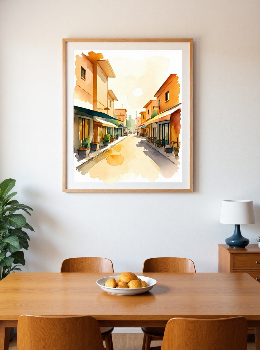 Framed artwork of a street scene above a dining table with a bowl of fruit.