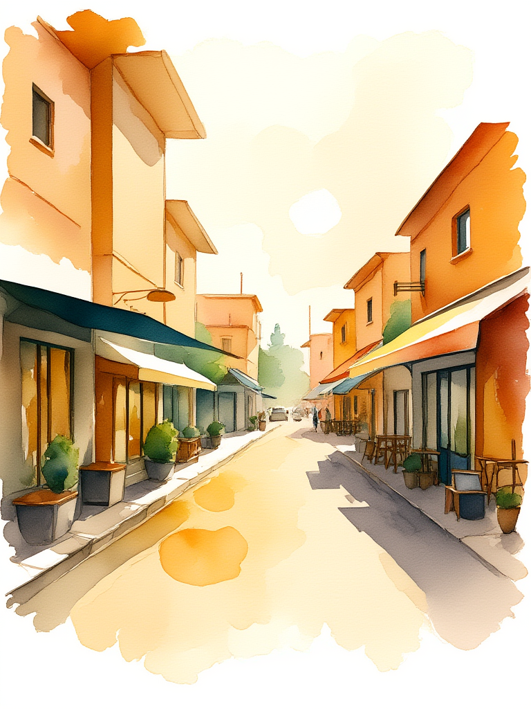 Illustration of a quaint street with colorful buildings and awnings.