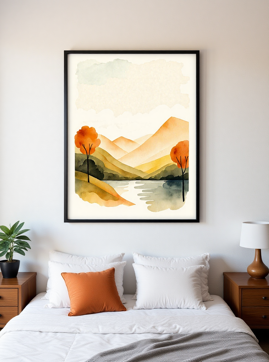 Framed landscape painting above a bed in a bedroom