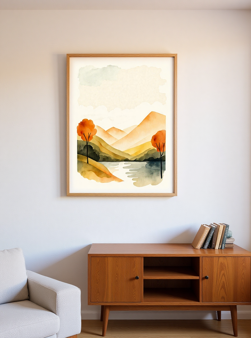 Framed landscape painting on a wall above a wooden cabinet with books.
