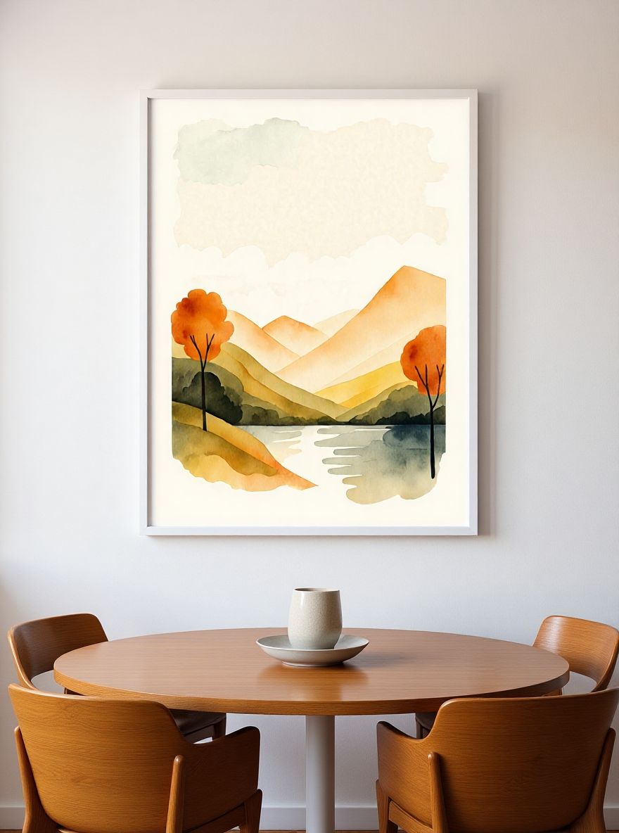 Framed landscape painting above a wooden dining table with chairs.