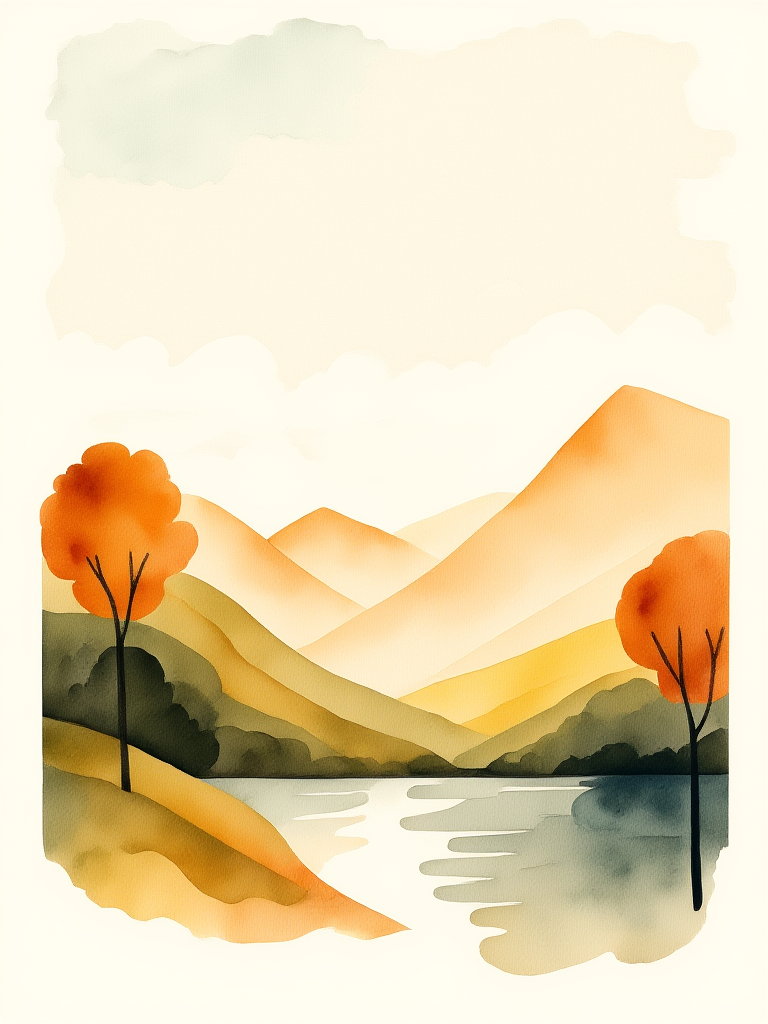 Watercolor landscape with trees and mountains on a white background