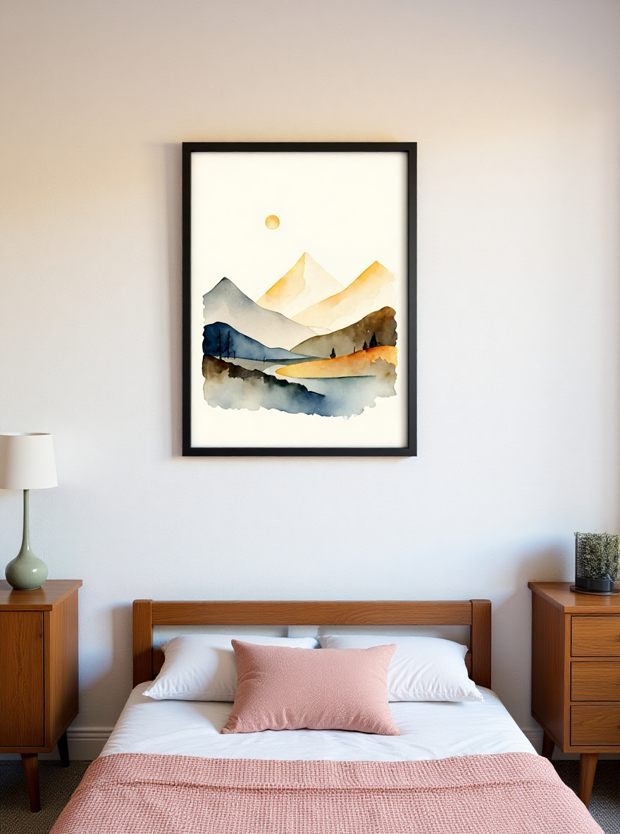 Framed abstract mountain art above a bed in a bedroom