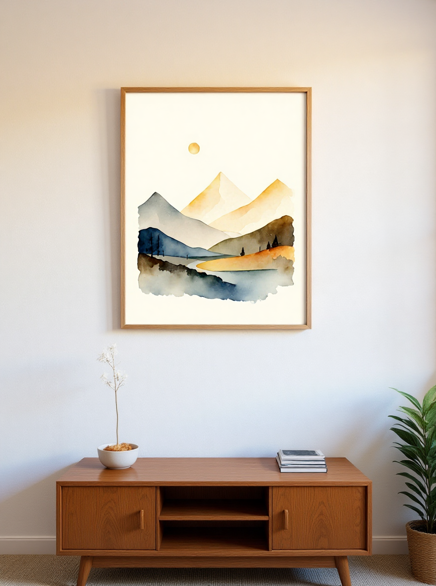 Framed mountain landscape art on a wall above a wooden cabinet.