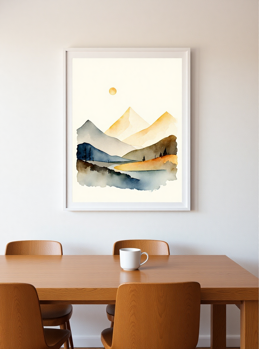 Framed abstract mountain painting above a wooden dining table with chairs.
