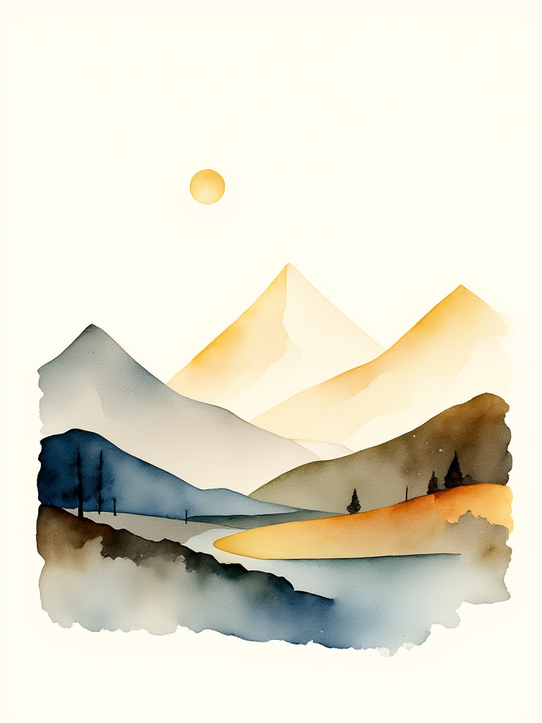 Artistic depiction of mountains with a sun and trees on a white background