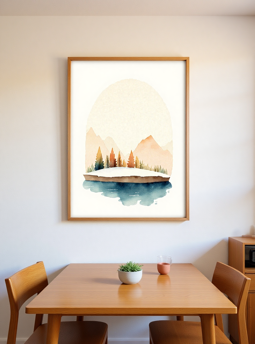 Framed landscape painting above a wooden dining table with chairs.
