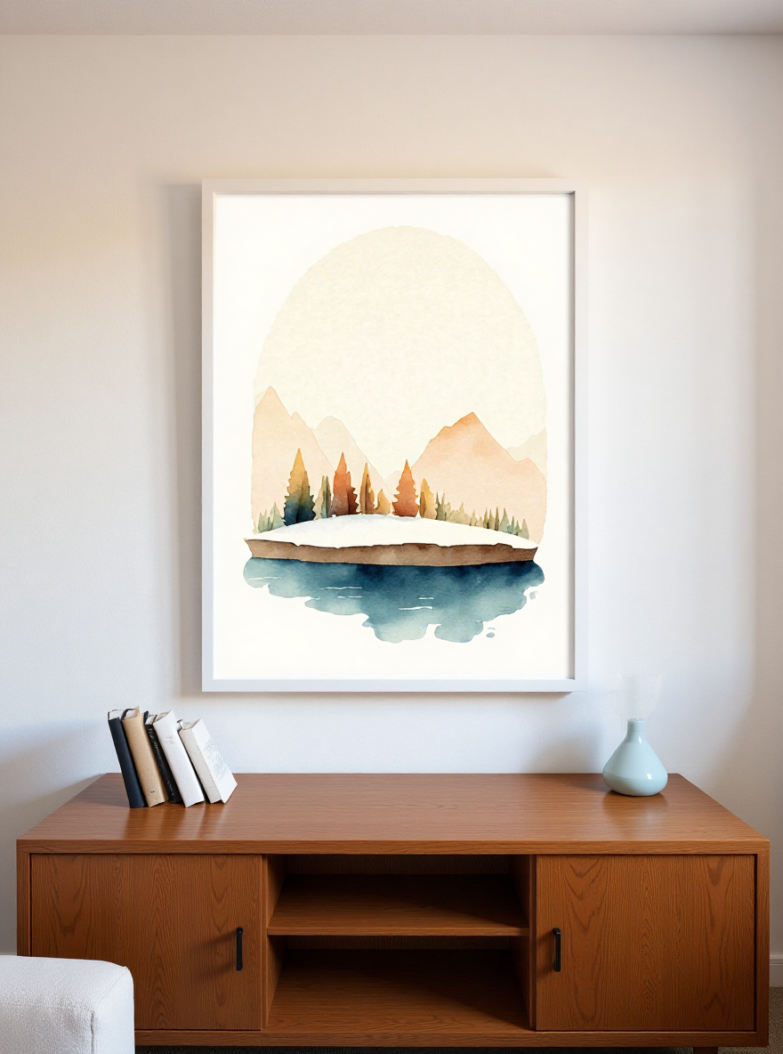 Framed landscape painting above a wooden cabinet with books and a lamp.