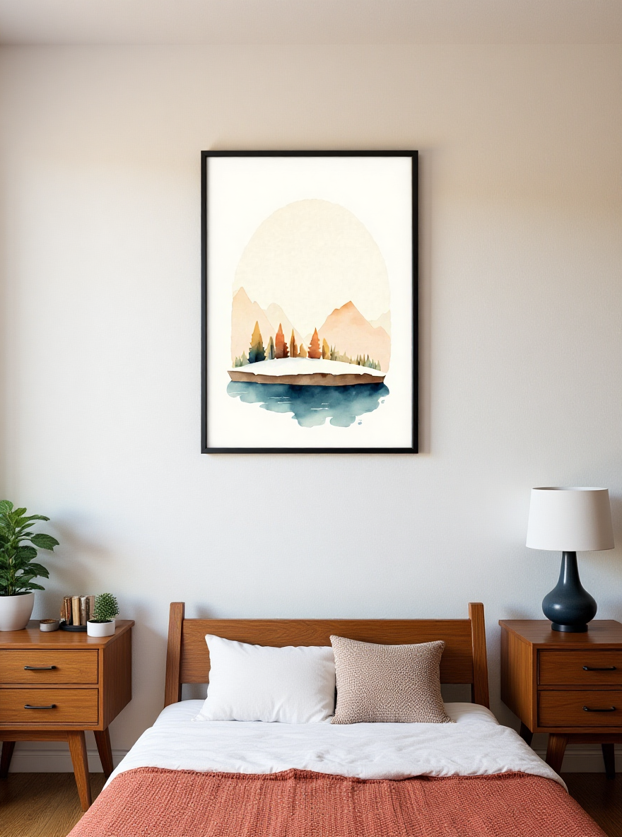 Framed artwork of a mountain landscape above a bed in a bedroom.