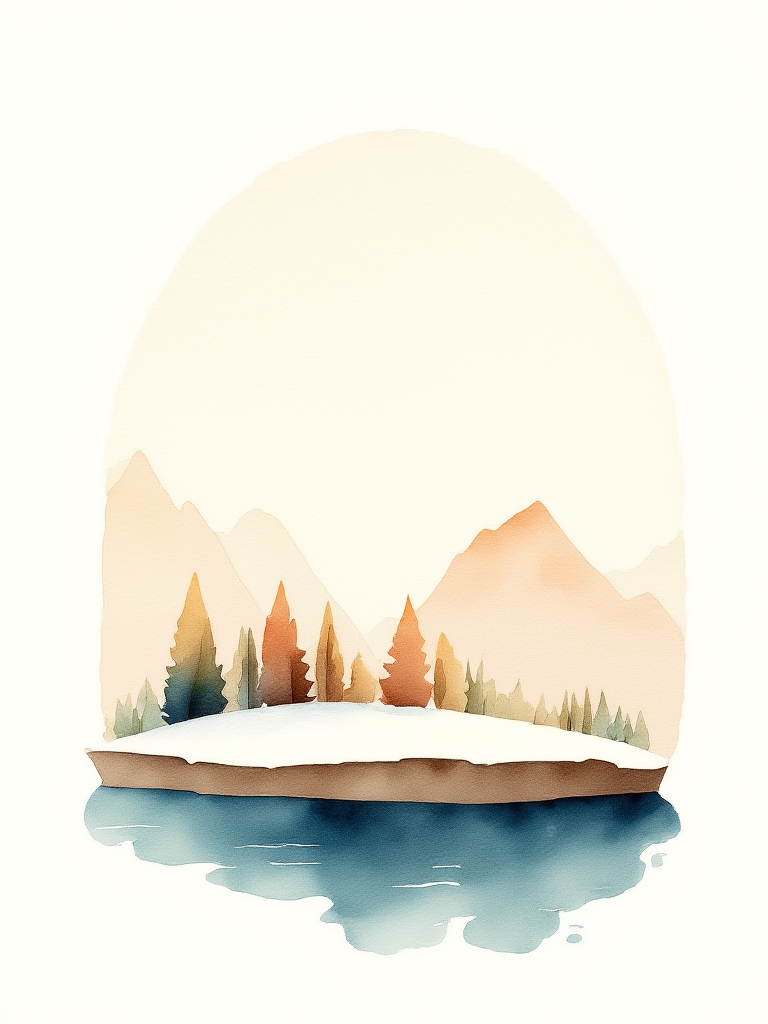 Artistic depiction of mountains with trees and a lake on a white background