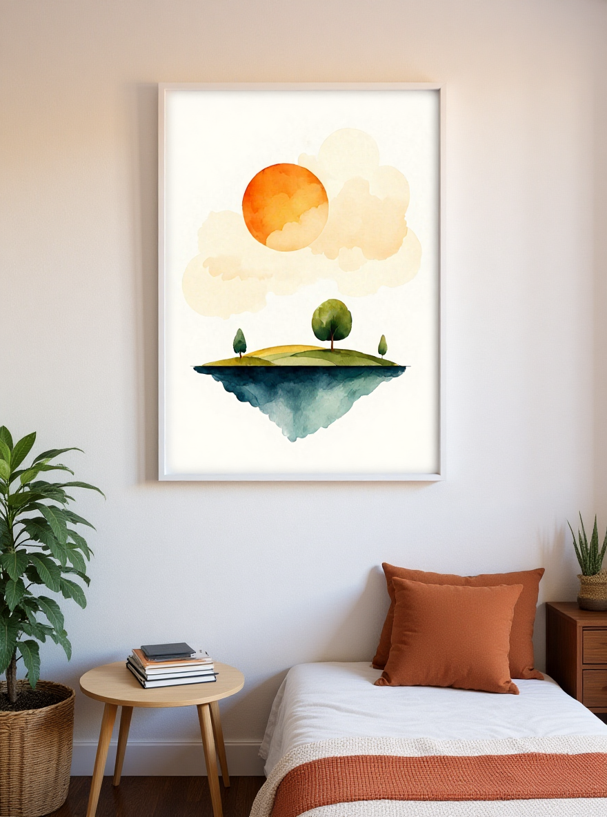 Framed artwork of a floating island with a sun above it in a bedroom setting.