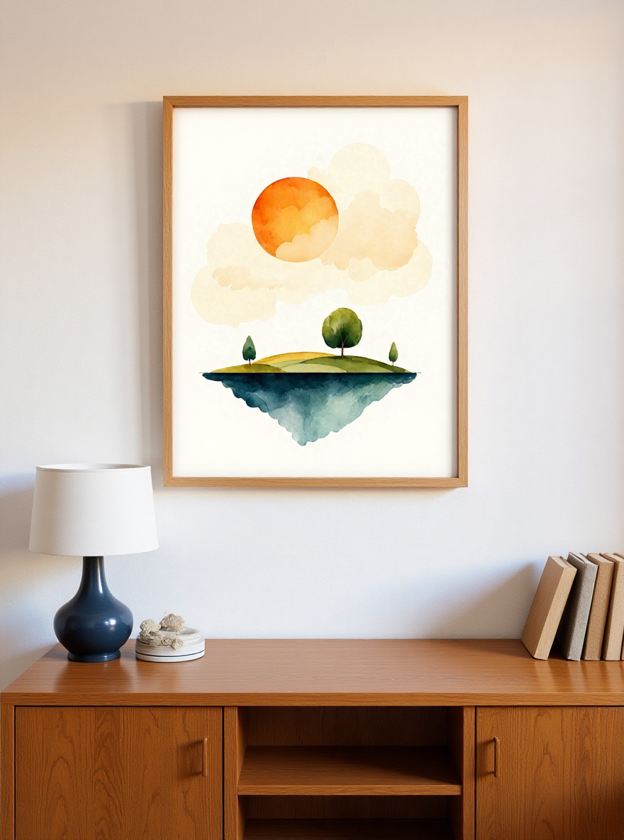 Framed artwork of a floating island with trees and a sun on a wall in a living room.