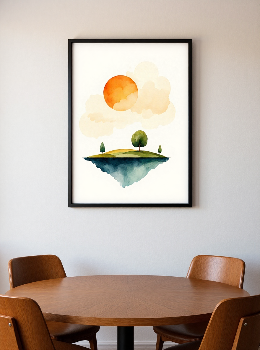 Framed artwork of a floating island with trees and a sun above, displayed on a wall above a wooden dining table.