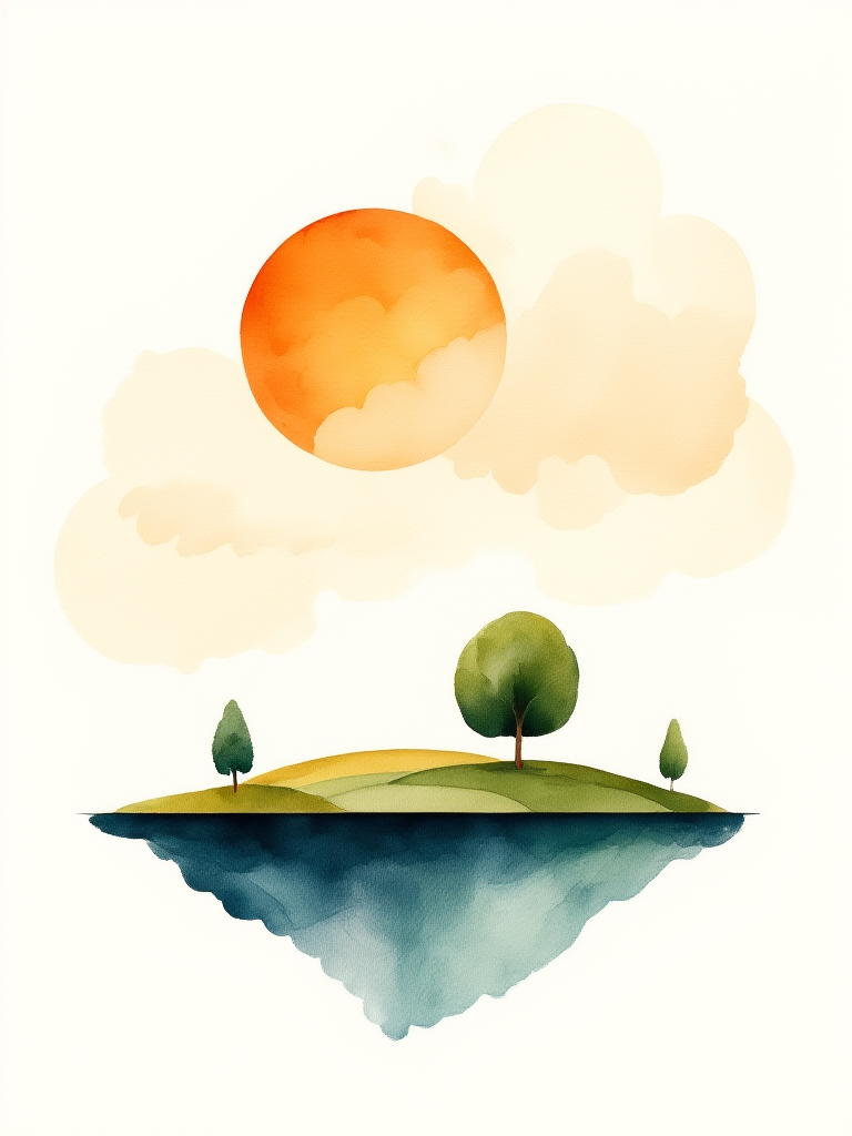 Illustration of a floating island with trees and a sun in the sky