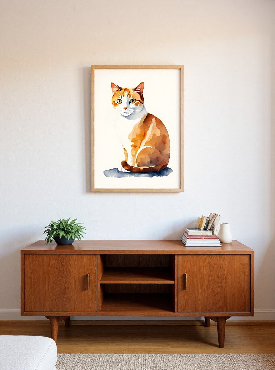 Framed artwork of a cat on a wall above a wooden cabinet.
