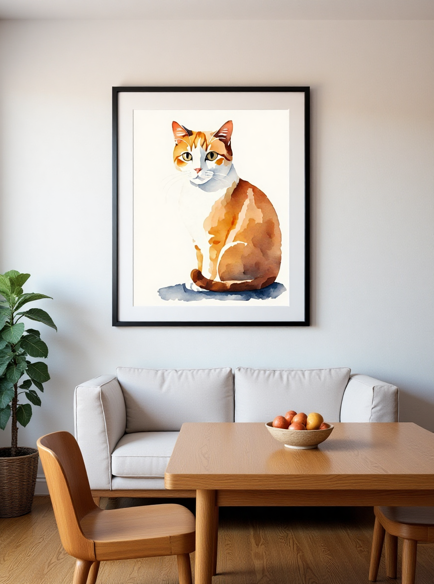 Framed artwork of a cat on a wall above a dining table with fruit bowl