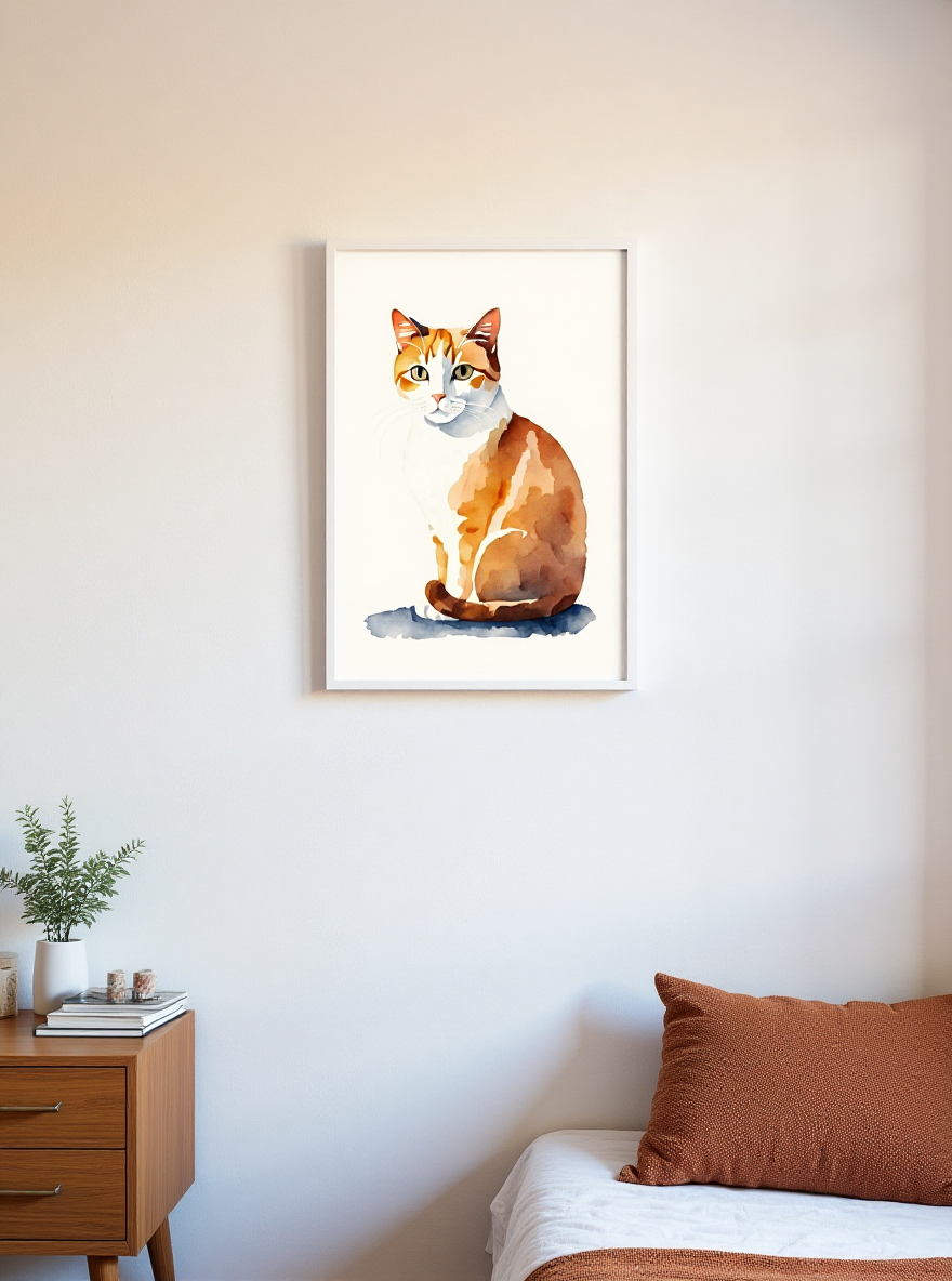 Framed artwork of a cat on a wall above a bed with a wooden nightstand.