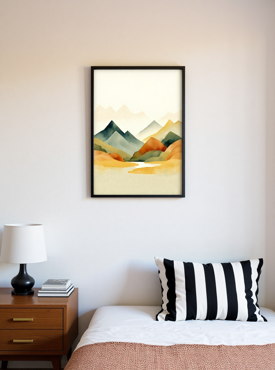 Framed landscape art above a bed with striped pillow and lamp.