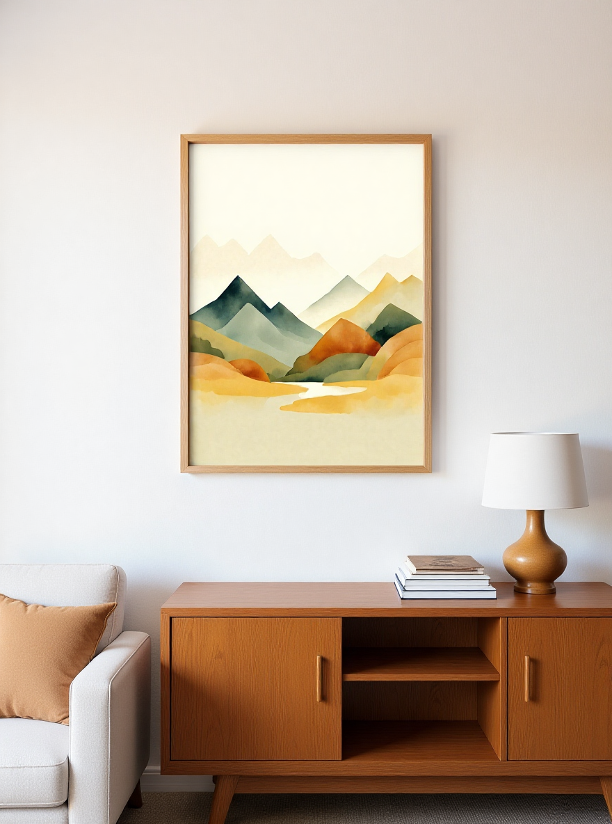 Framed landscape painting above a wooden cabinet in a living room.
