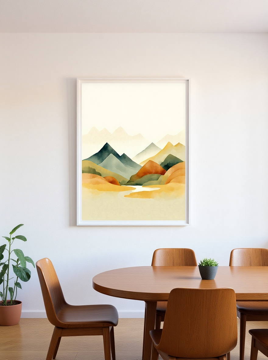 Framed abstract landscape painting above a wooden dining table with chairs.