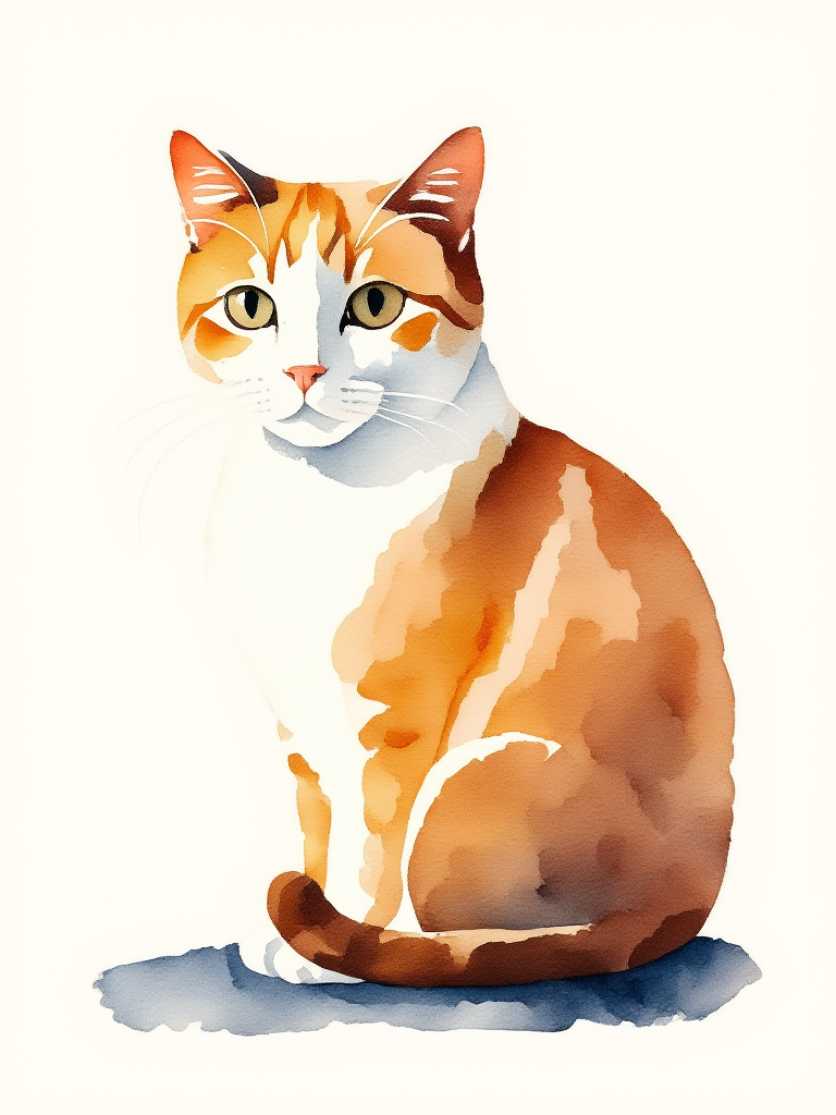 Watercolor painting of a sitting cat with orange, white, and brown colors on a white background.