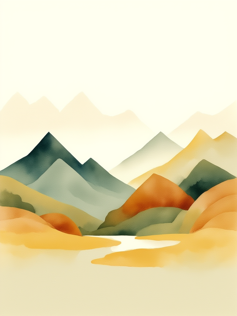 Artistic depiction of mountains in various shades of green and brown on a beige background