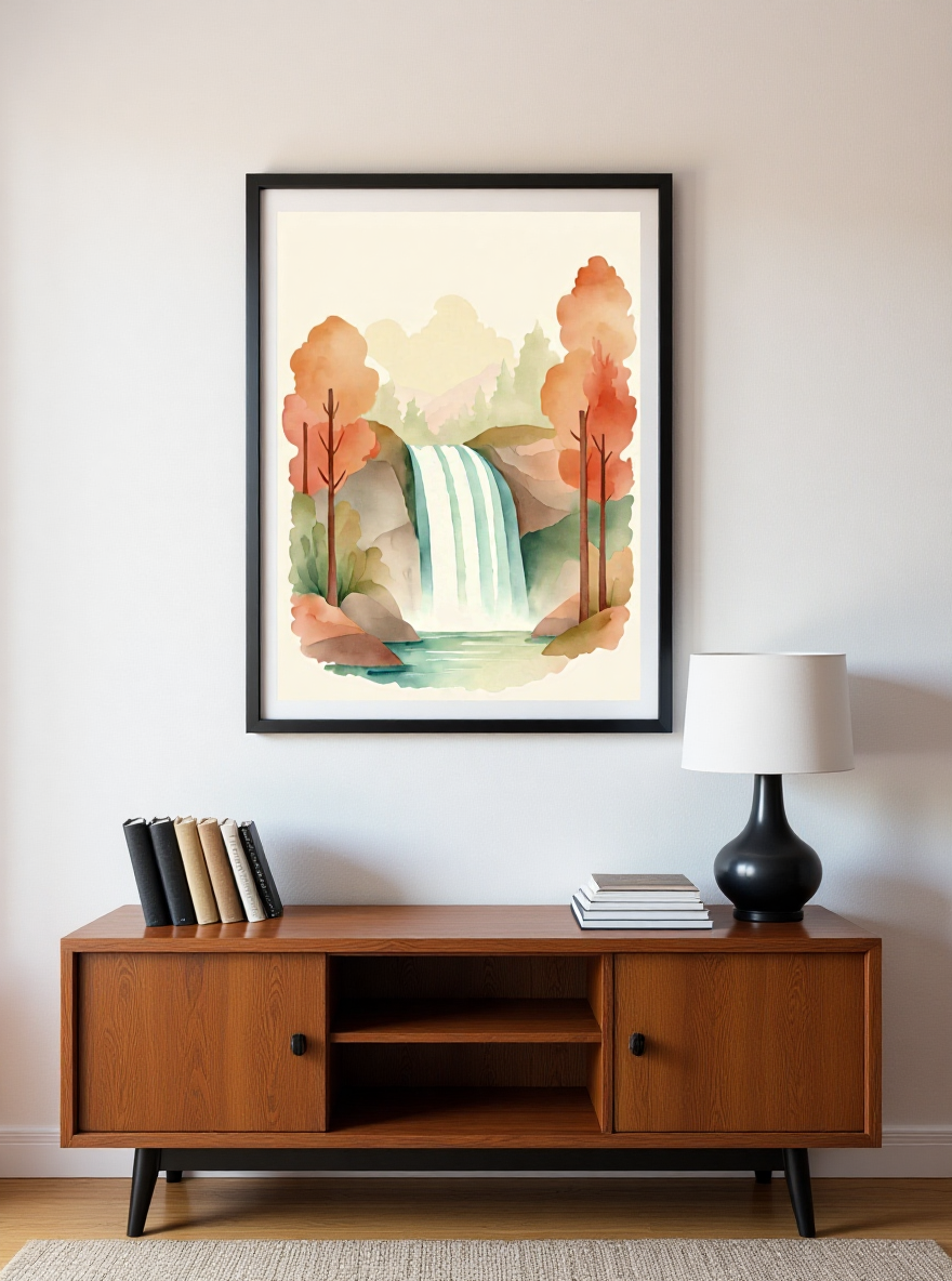 Framed artwork of a nature scene with trees and a waterfall above a wooden cabinet.