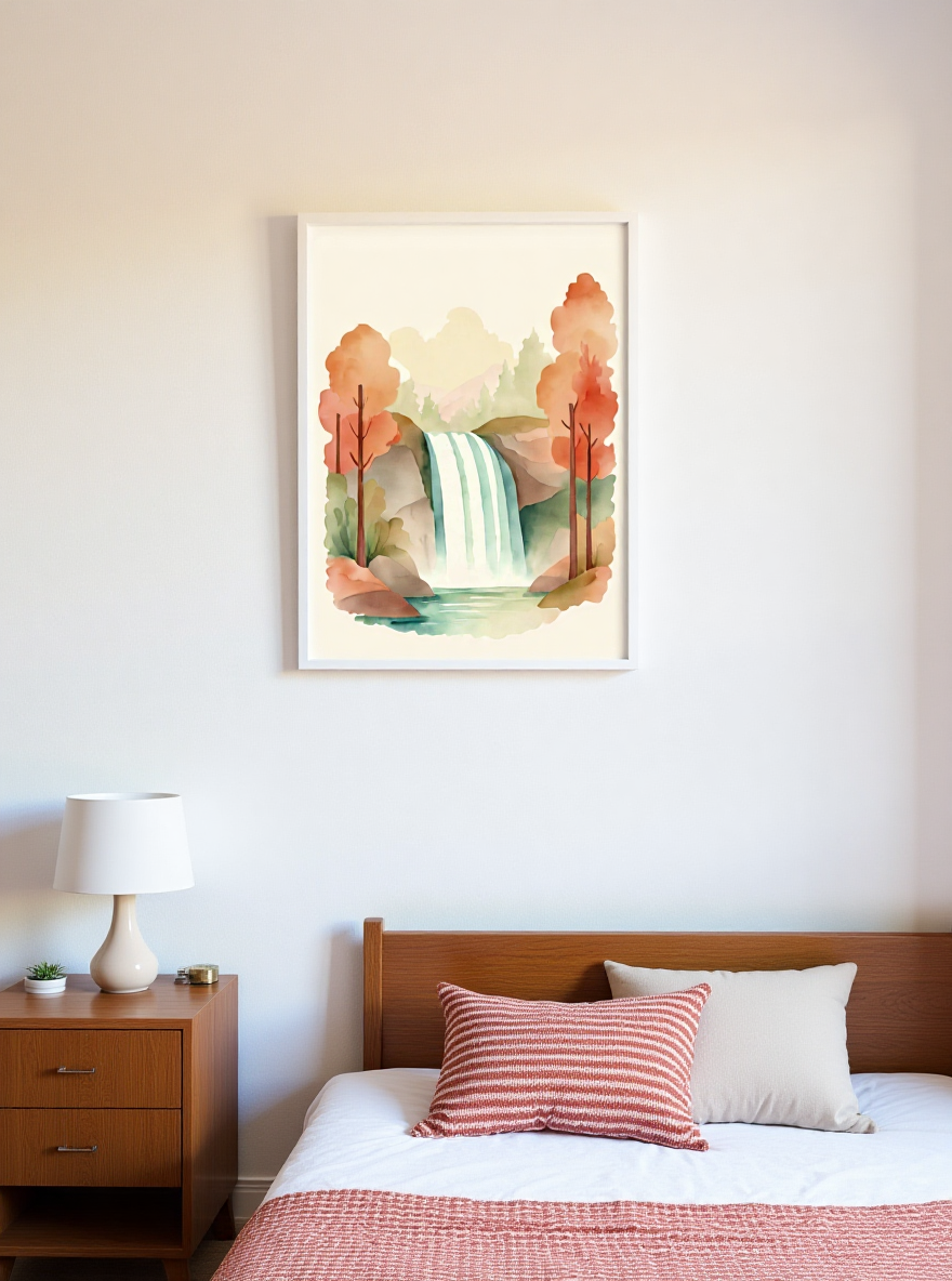 Framed artwork of a watercolor landscape above a bed with striped and plain pillows.