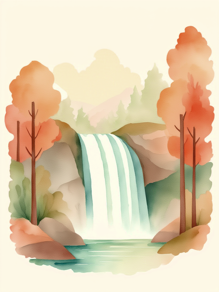 Illustration of a waterfall surrounded by trees with a soft, pastel color palette.