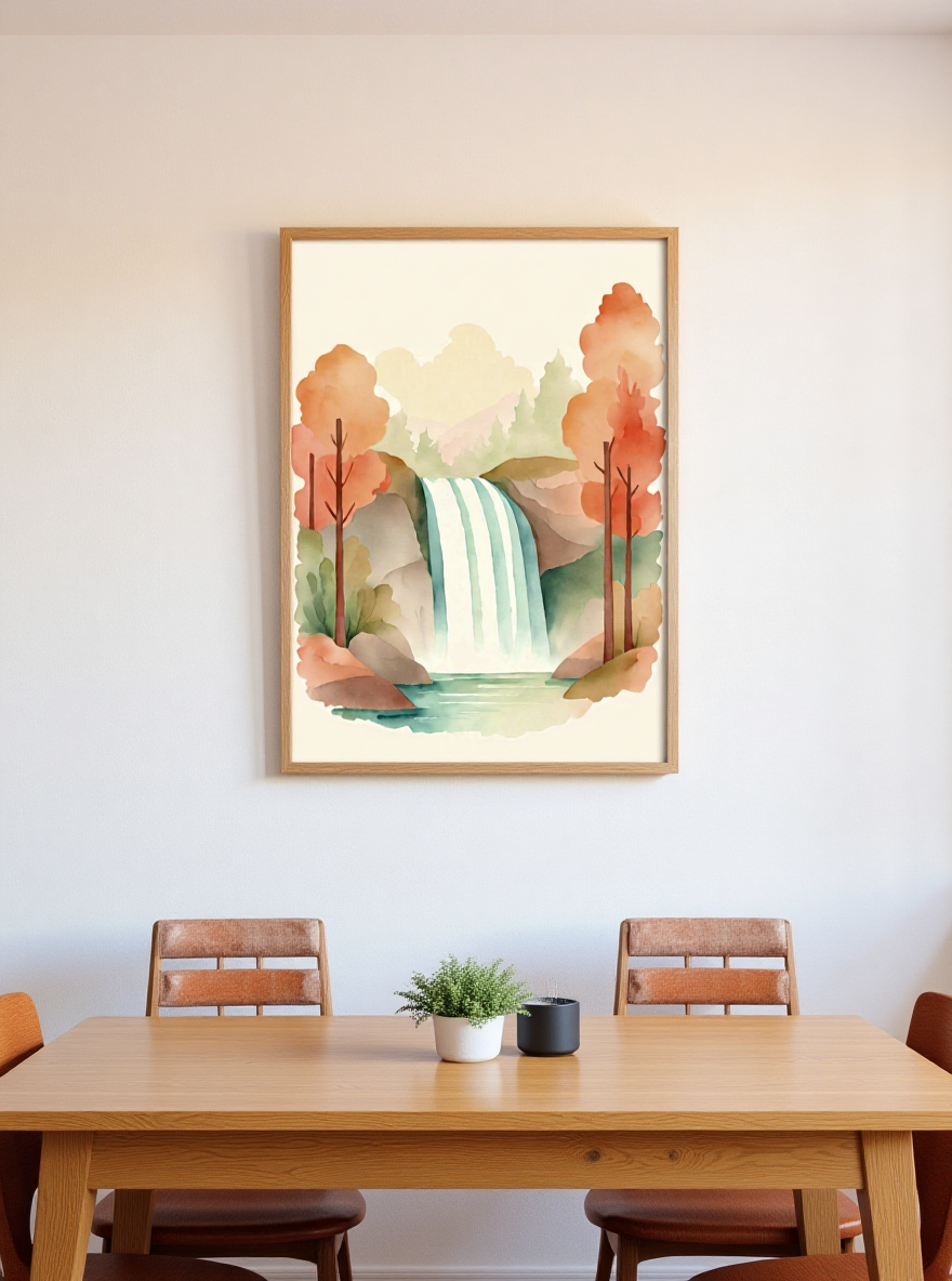 Framed watercolor painting of a landscape with trees and a waterfall above a wooden dining table.