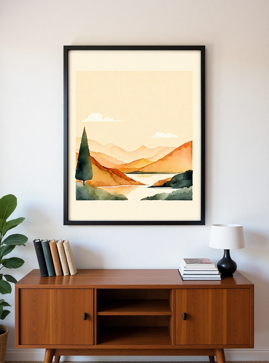 Framed landscape print on a wall above a wooden cabinet.
