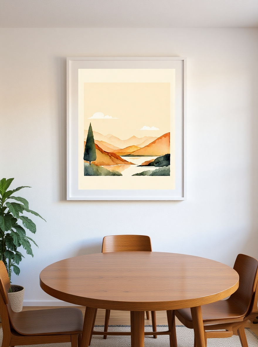 Framed landscape painting above a wooden dining table with chairs.