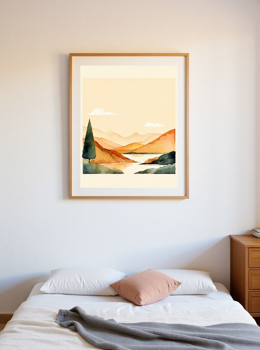 Framed landscape painting above a bed in a bedroom