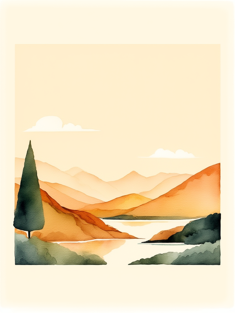 Simplified landscape with mountains and a tree on a beige background