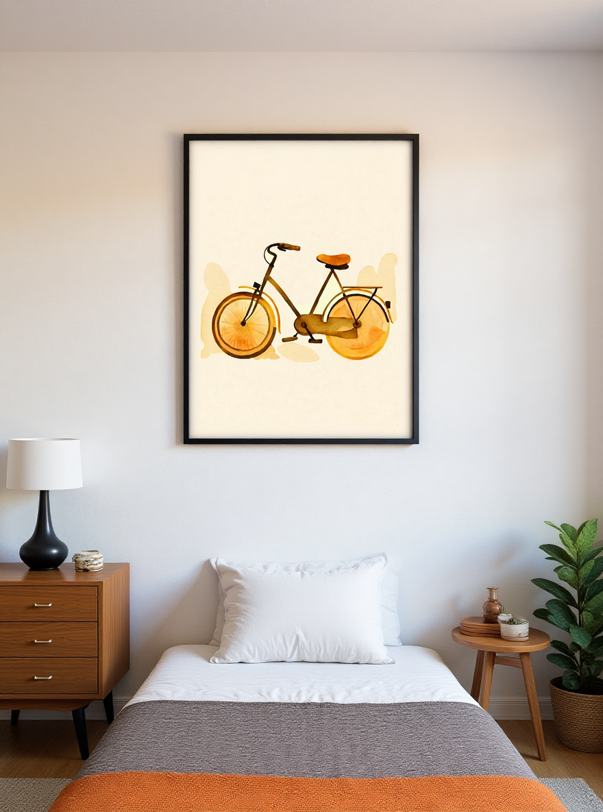 Framed artwork of a bicycle on a wall above a bed with pillows and a nightstand.