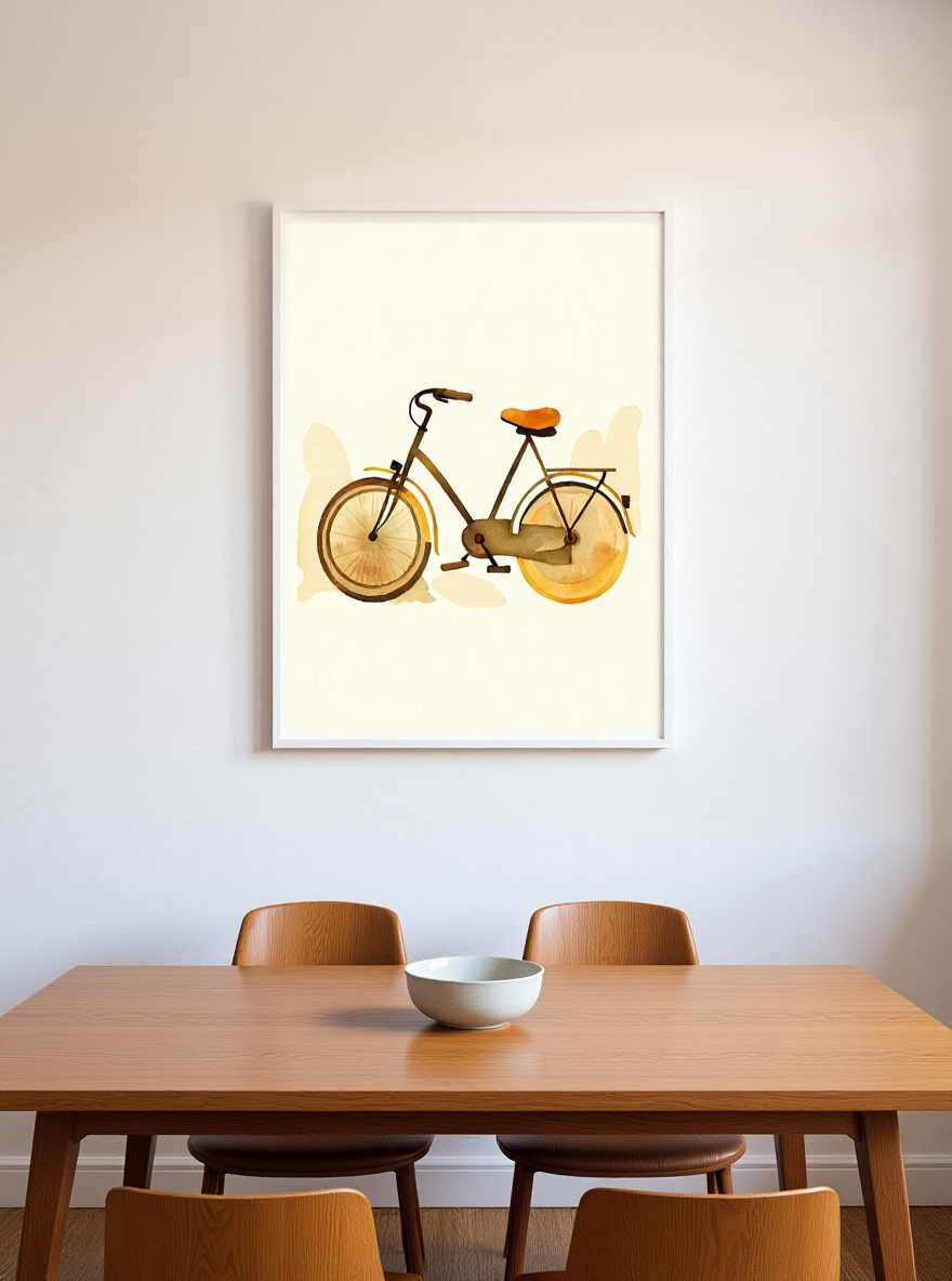 Framed artwork of a bicycle on a wall above a dining table with chairs.