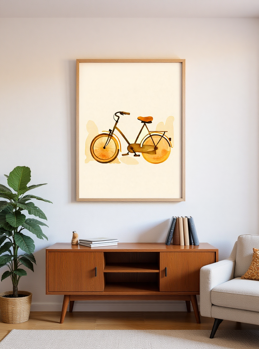 Framed artwork of a bicycle on a wall in a living room.