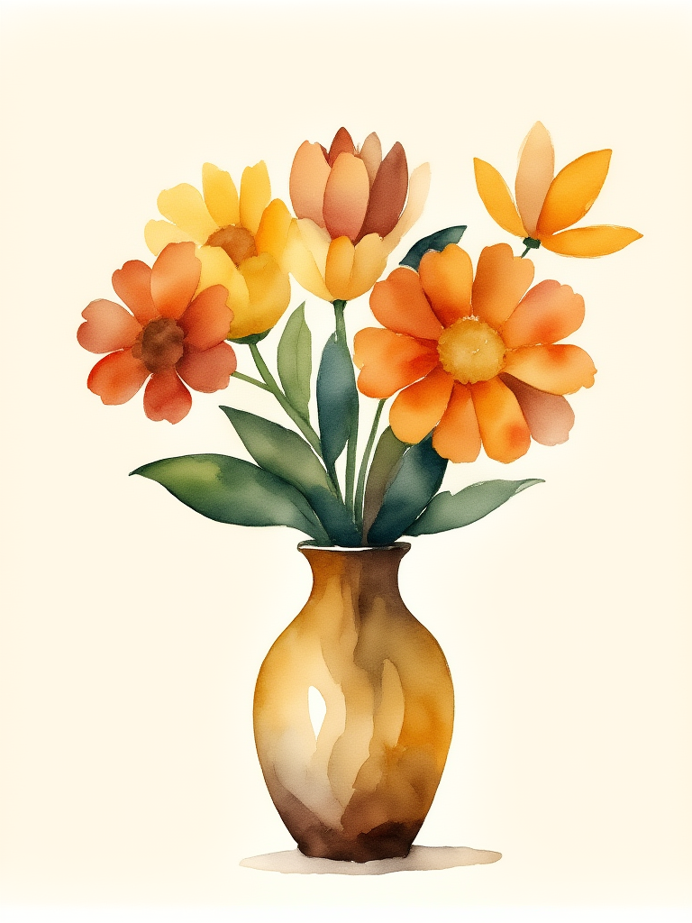 Decorative vase with orange and yellow flowers on a light beige background