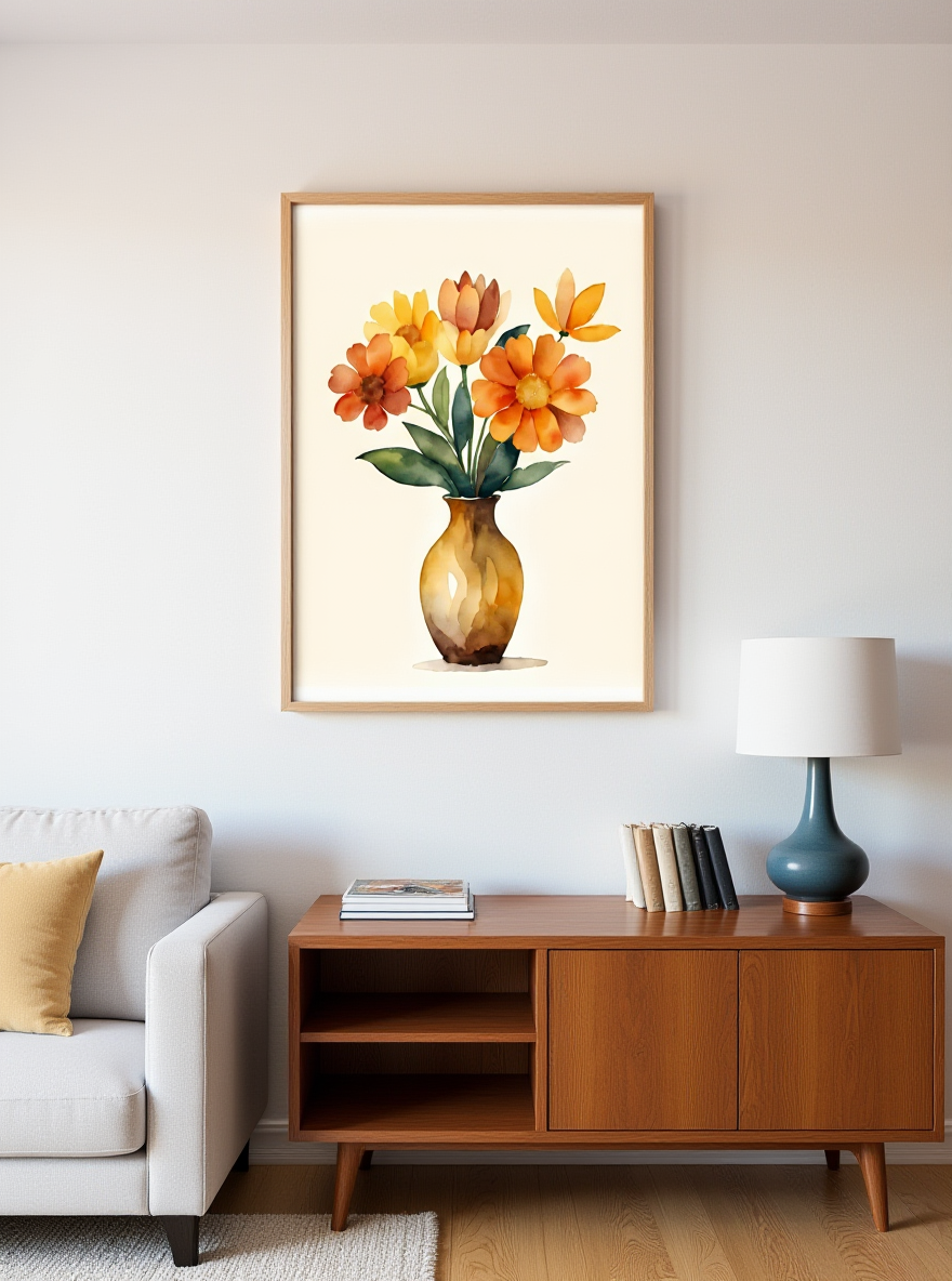 Floral painting on a wall above a wooden cabinet in a living room.