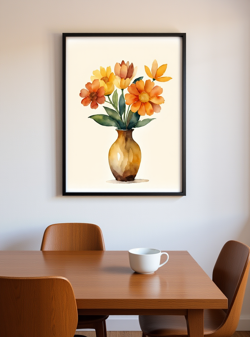 Framed artwork of a vase with flowers above a wooden table with a cup.