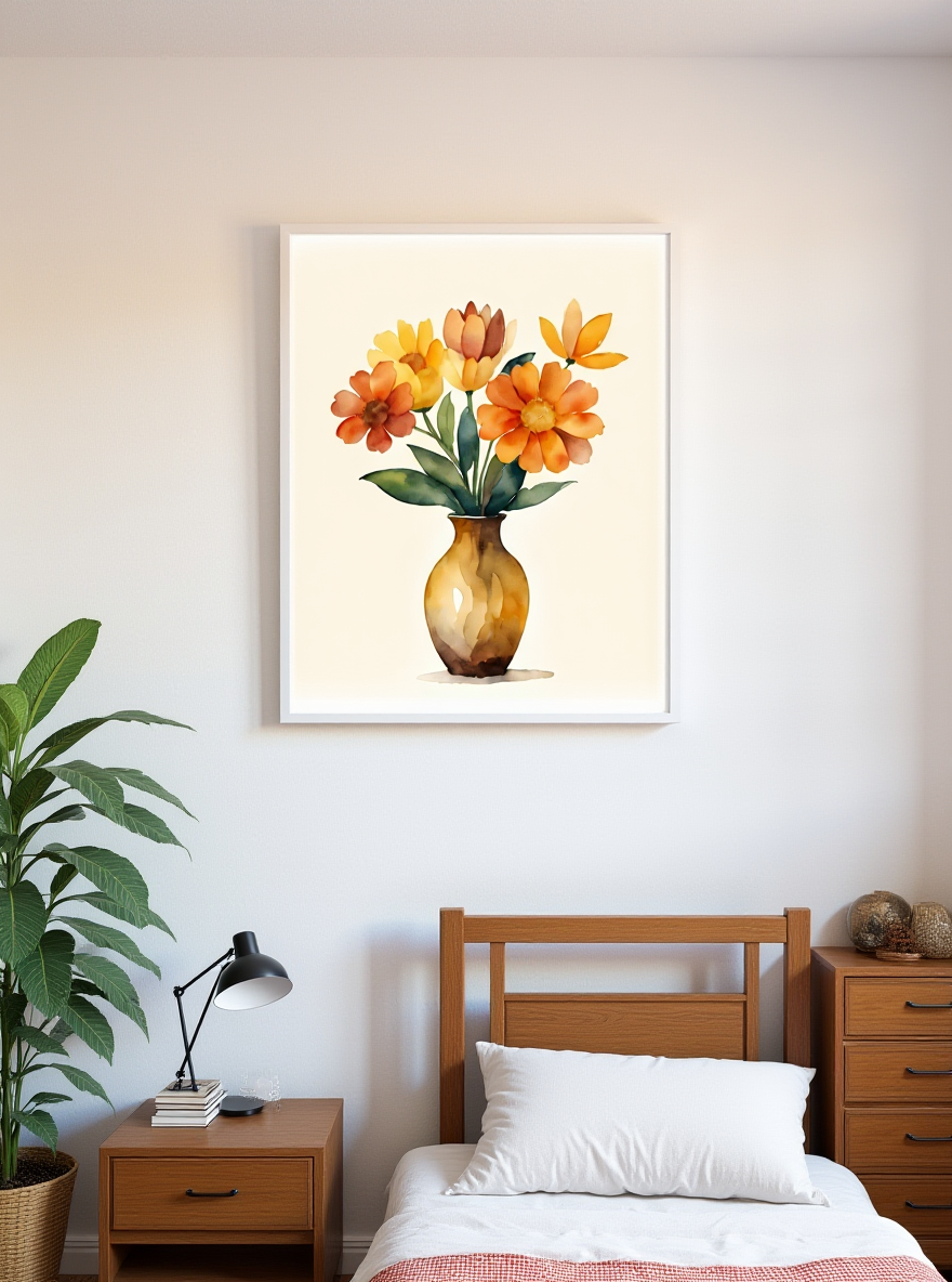 Framed artwork of a vase with flowers in a bedroom setting